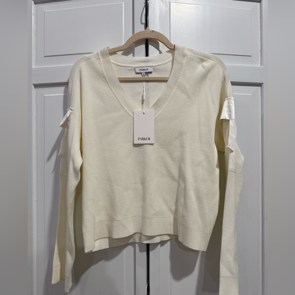 Parker Ivory V-Neck Sweater with Ribbon Accents
